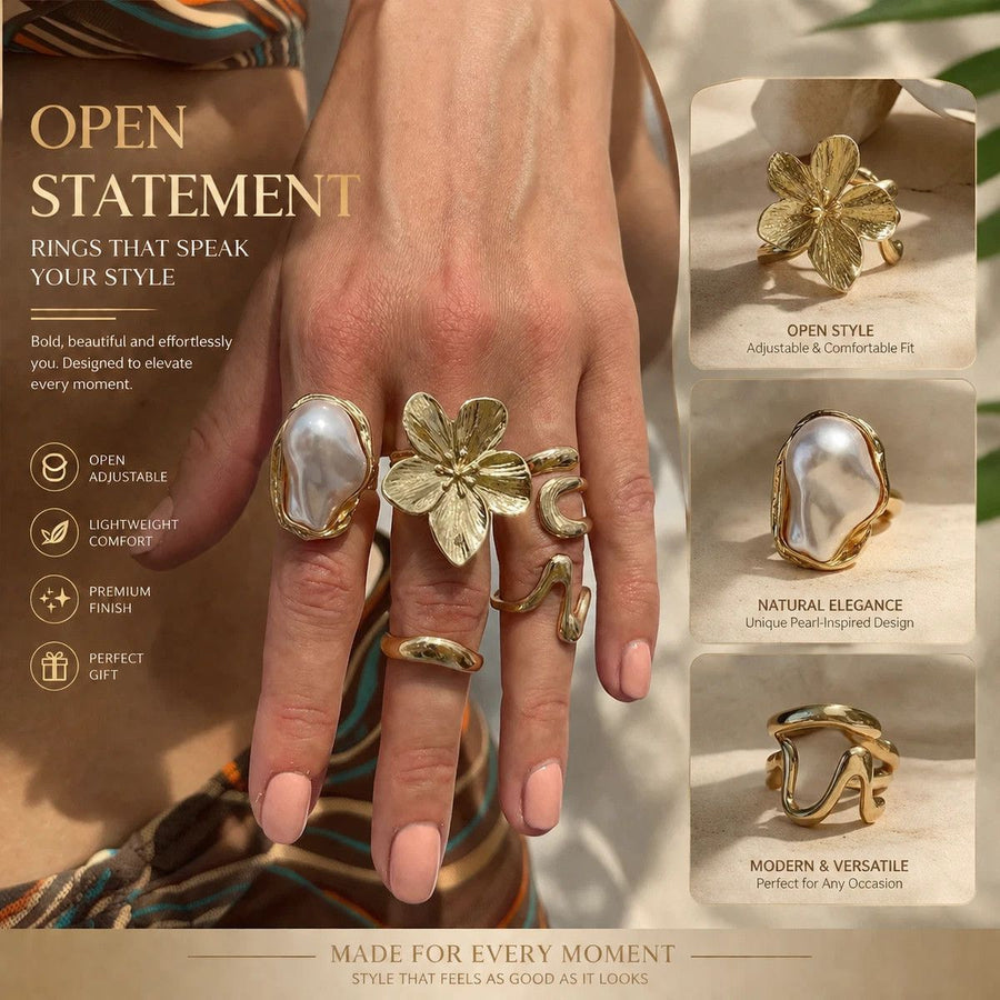 Eye-Catching Layered Floral Lava Ring Stack, Elegant Baroque Pearl Rhinestone Finger Ornaments, Light Gold, 5 Pack