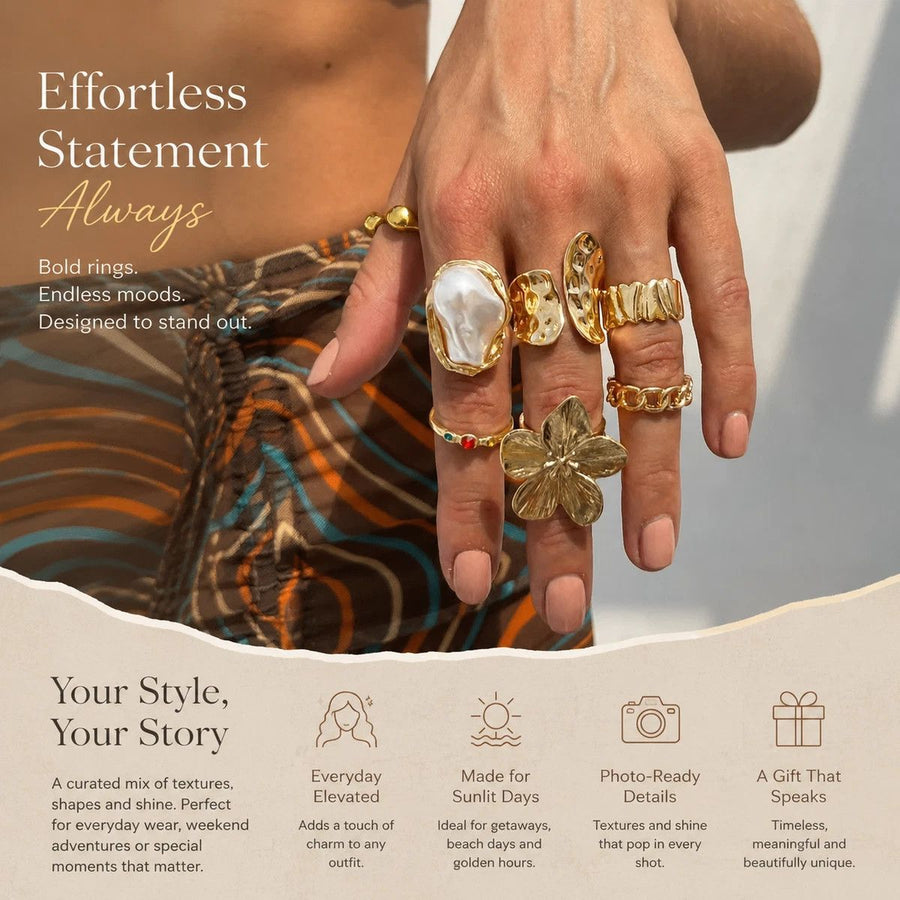 Modern Multi-Piece Floral Ring Collection, Luxe Pearl & Crystal Inlaid Stackable Finger Jewellery, Light Gold, 7 Pack