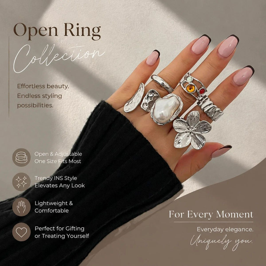 Sleek Mixed Metal Lava Flower Ring Set, Classic Baroque Faux Gem & Pearl Stackable Bands, Light Silver, 6 Pack