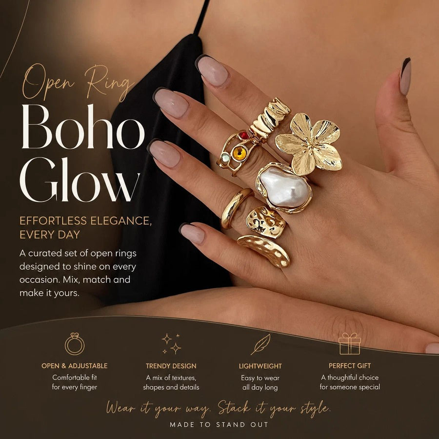Stylish Large Sculpted Floral Split Band Rings, Popular Ins Pearl Rhinestone Inlaid Finger Jewellery, Light Gold, 6 Pack