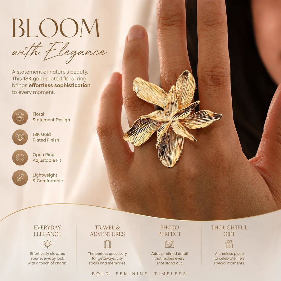 Minimalist Oversized Veined Lava Floral Single Open Ring, Retro Solid Matte Metal Flower Finger Ornament, Gold Floral