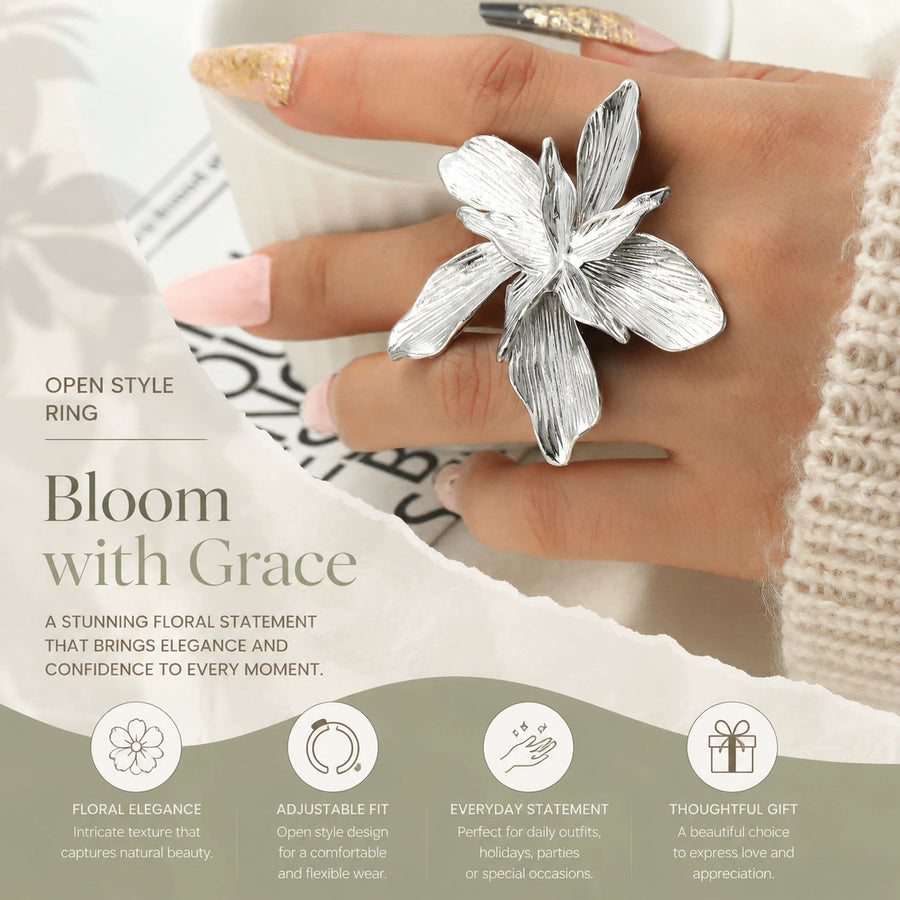 Delicate Molten Veined Large Flower Single Band Ring, Trendy Ins Textured Solid Metal Floral Finger Band, Silver Floral