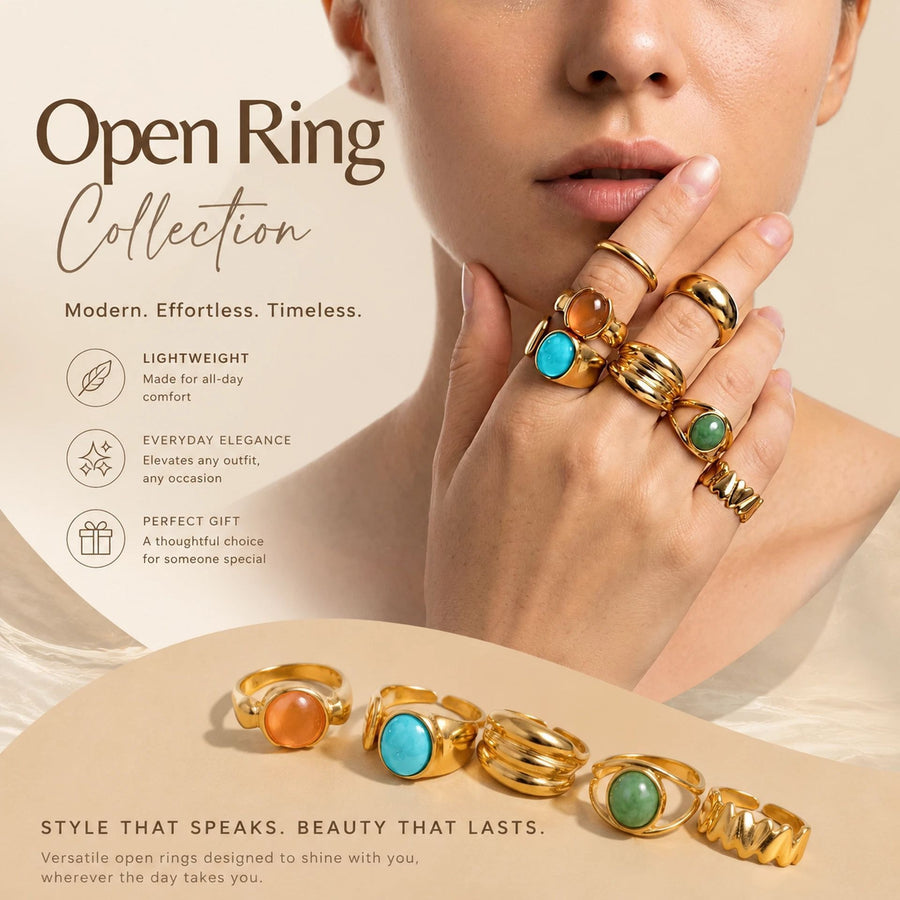 Handy Mixed Stone Lava Floral Ring Stack, Lightweight Multi-Slot Stackable Jewellery For Daily Wear, Light Gold, 7 Pack