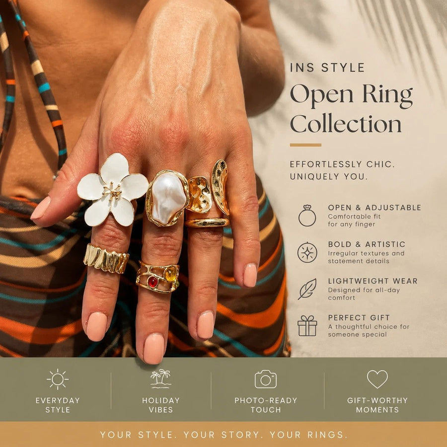Exquisite White Textured Lava Flower Ring Set, Soft Baroque Pearl Inlaid Stackable Finger Bands, Light Gold & White Floral, 6 Pack