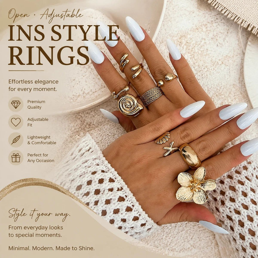 Luxurious Multi-Layer Liquid Lava Floral Ring Collection, Multi-Piece Plain Metal Stacking Finger Jewellery, Gold, 8 Pack