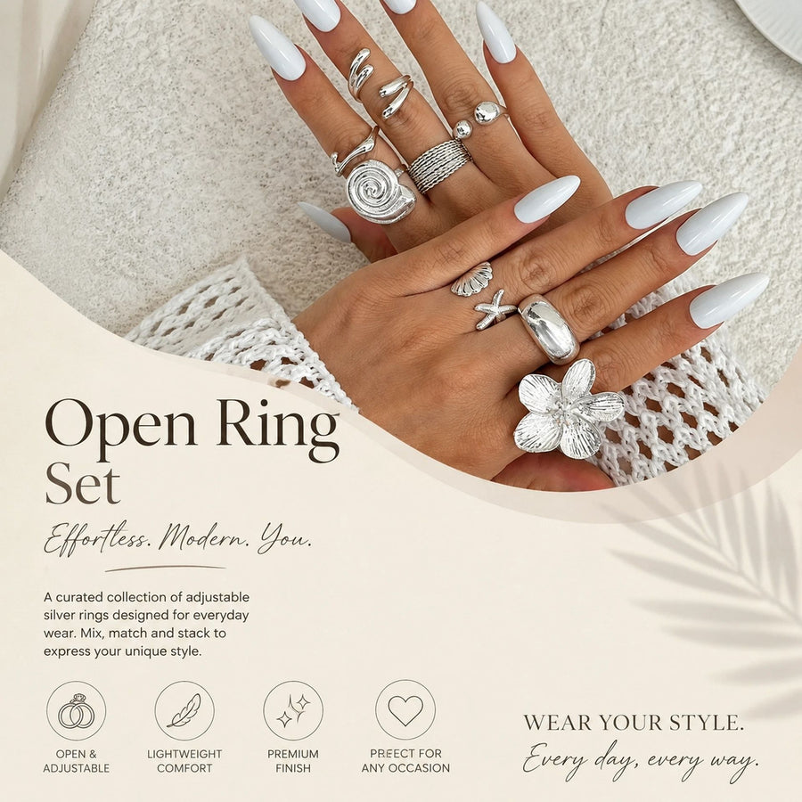 Cool Mixed Tone Sculptural Floral Open Ring Kit, Ins Plain Textured Metal Flower Stackable Bands, Silver, 8 Pack