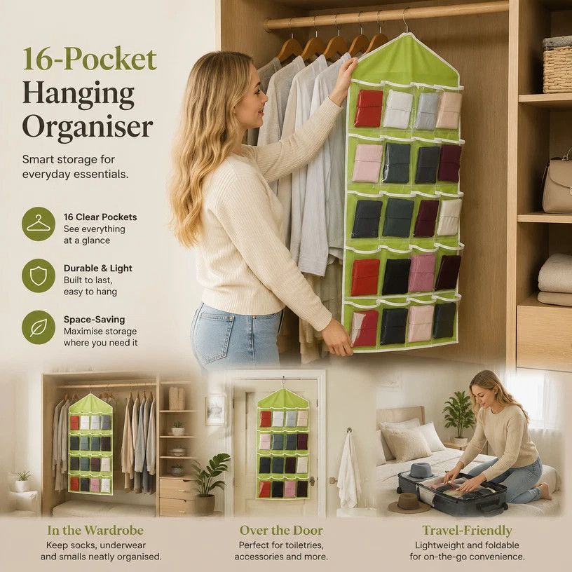 Clear Visible Hanging Storage Organiser, 16 Compartment Divider Bag For Underwear & Socks, Green