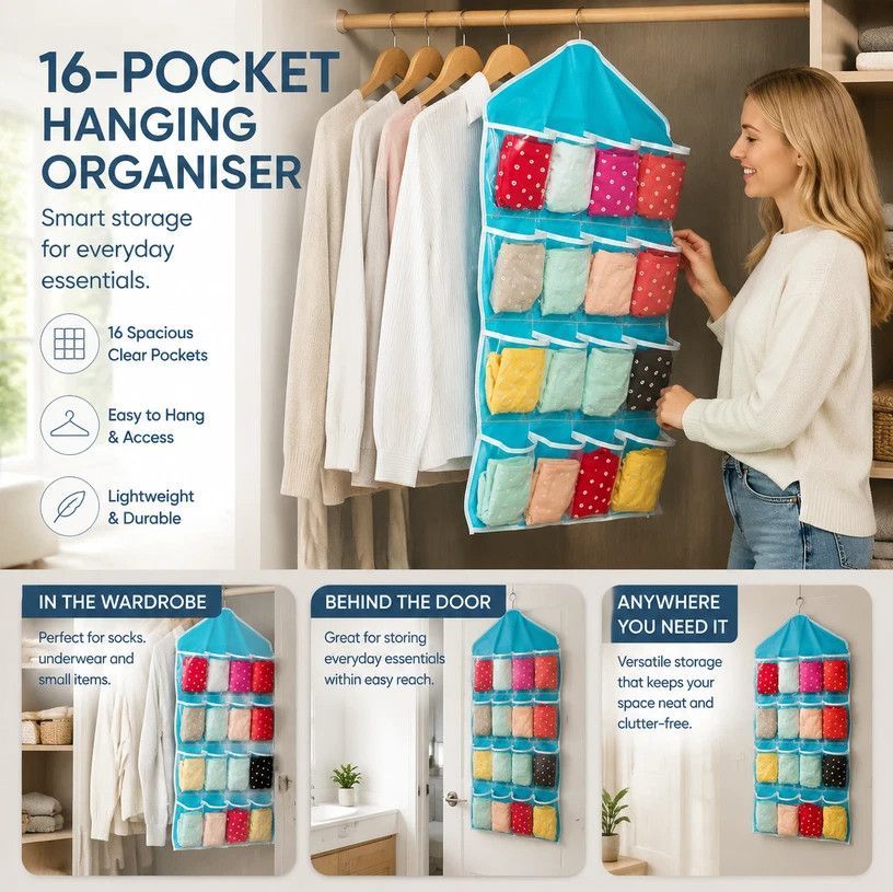 See Through Wall Mount Storage Pouch, 16 Grid Sorting Bag For Intimates & Hosiery, Blue