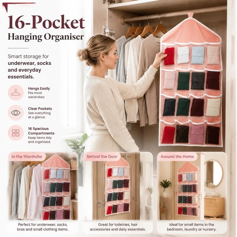 Transparent Hanging Wardrobe Organiser, Multi Slot 16 Grids Storage Bag For Lingerie Socks, Pink