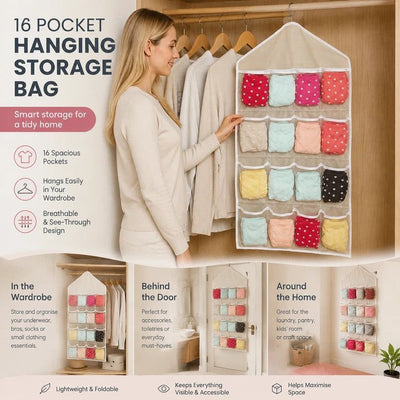Clear View Divided Storage Sack, 16 Compartment Hanging Sorting Bag For Underclothes, Beige