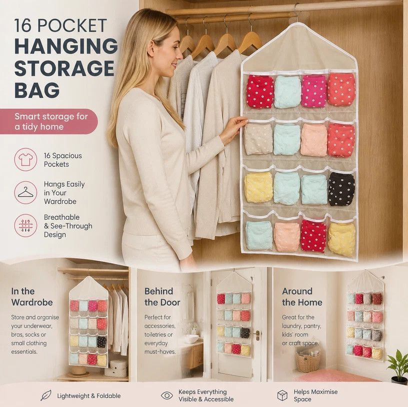 Clear View Divided Storage Sack, 16 Compartment Hanging Sorting Bag For Underclothes, Beige