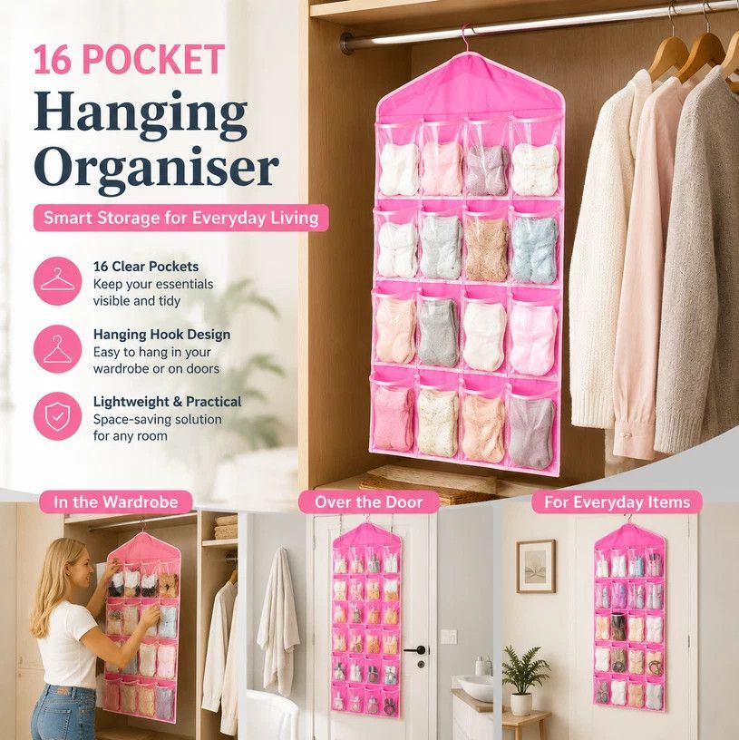 See-Through 16 Grid Hanging Storage Caddy, Separate Organiser Pouch For Socks Underwear, Rose Red