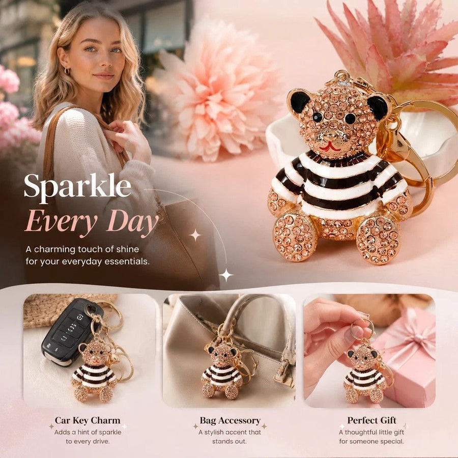 Rhinestone Inlaid Alloy Bear Keychain, Lovely Gift Option, Peach Body Bear With Brown Stripes