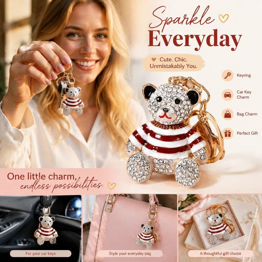 Sparkly Crystal Alloy Bear Keyring, Thoughtful Present For Daily Use, Silver Body Bear With Red Stripes