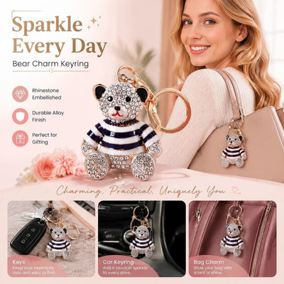 Glitter Rhinestone Alloy Bear Keyring, Sweet Festival Gift Pick, Silver Body Bear With Purple Stripes