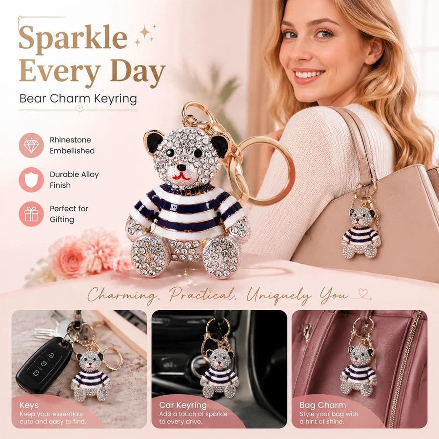 Glitter Rhinestone Alloy Bear Keyring, Sweet Festival Gift Pick, Silver Body Bear With Purple Stripes