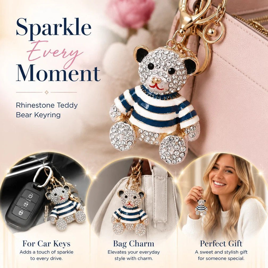 Shiny Crystal Decor Alloy Bear Keychain, Ideal Mini Gift For Him & Her, Silver Body Bear With Blue Stripes