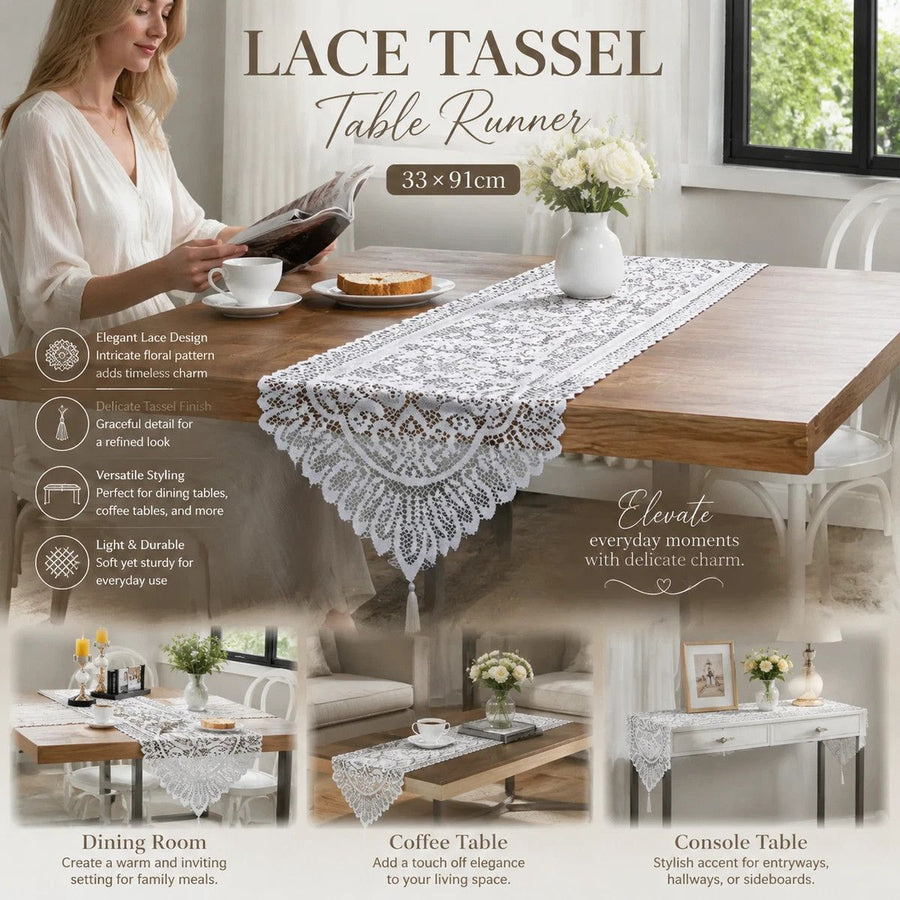 Knitted Lace Tassel Table Runner, Elegant Home Dining Table Decor, White, 33*91cm (13*36in)