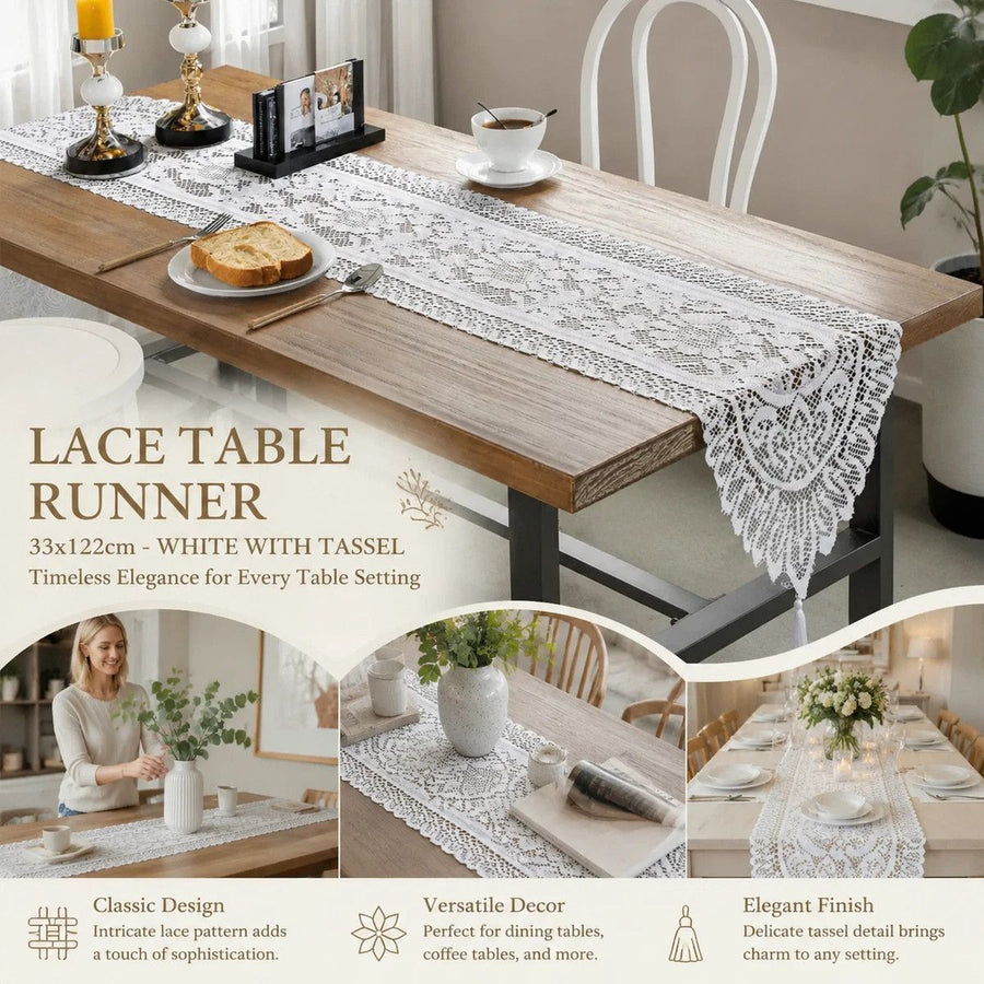 Delicate Warp Knit Lace Table Flag With Tassels, Stylish Household Tabletop Ornament, White, 33*122cm (13*48in)
