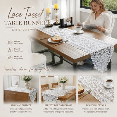 Soft Lace Fringe Table Runner, Classic Dining Room Decor Cloth, White, 33*137cm (13*54in)