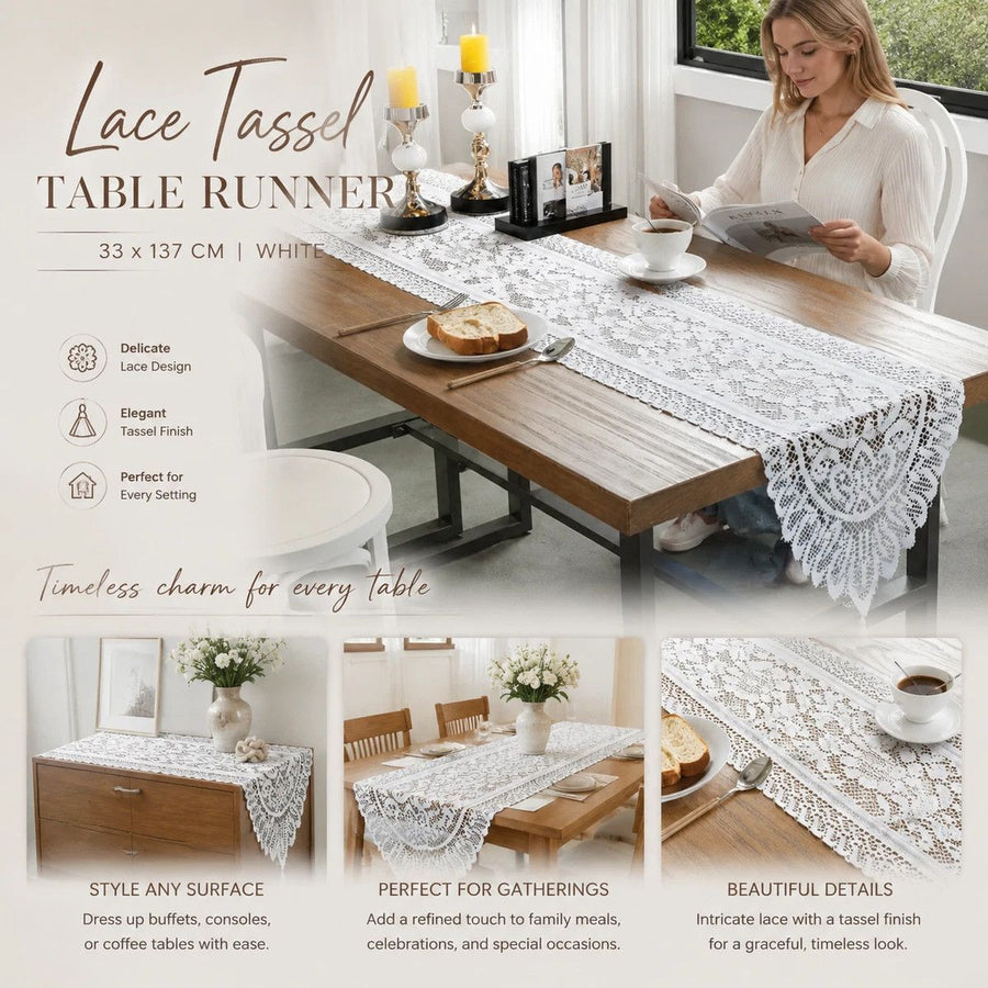 Soft Lace Fringe Table Runner, Classic Dining Room Decor Cloth, White, 33*137cm (13*54in)