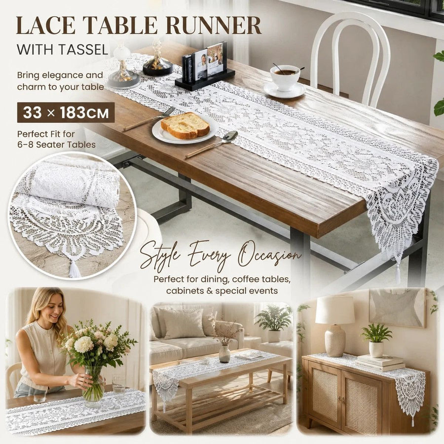 Premium Warp Knitted Lace Tassel Table Flag, Long Style Home Table Decoration, White, 33*183cm (13*72in)