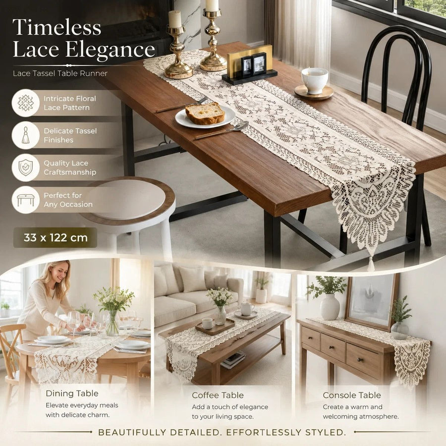 Elegant Knit Lace Tassel Table Flag, Versatile Daily Tabletop Decor Cloth, Beige, 33*122cm (13*48in)
