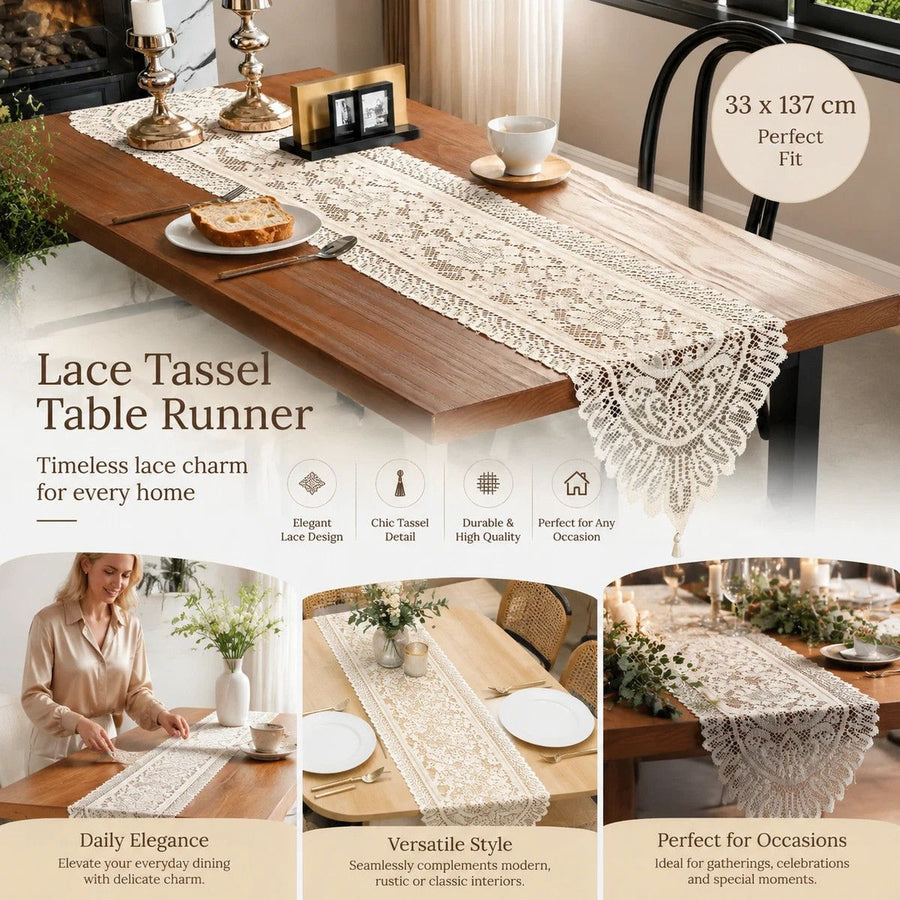 Exquisite Warp Knit Fringe Lace Table Runner, Soft Home Dining Ornament, Beige, 33*137cm (13*54in)