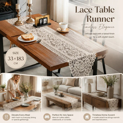 Luxurious Long Lace Tassel Table Flag, All-Match Household Table Decor Fabric, Beige, 33*183cm (13*72in)