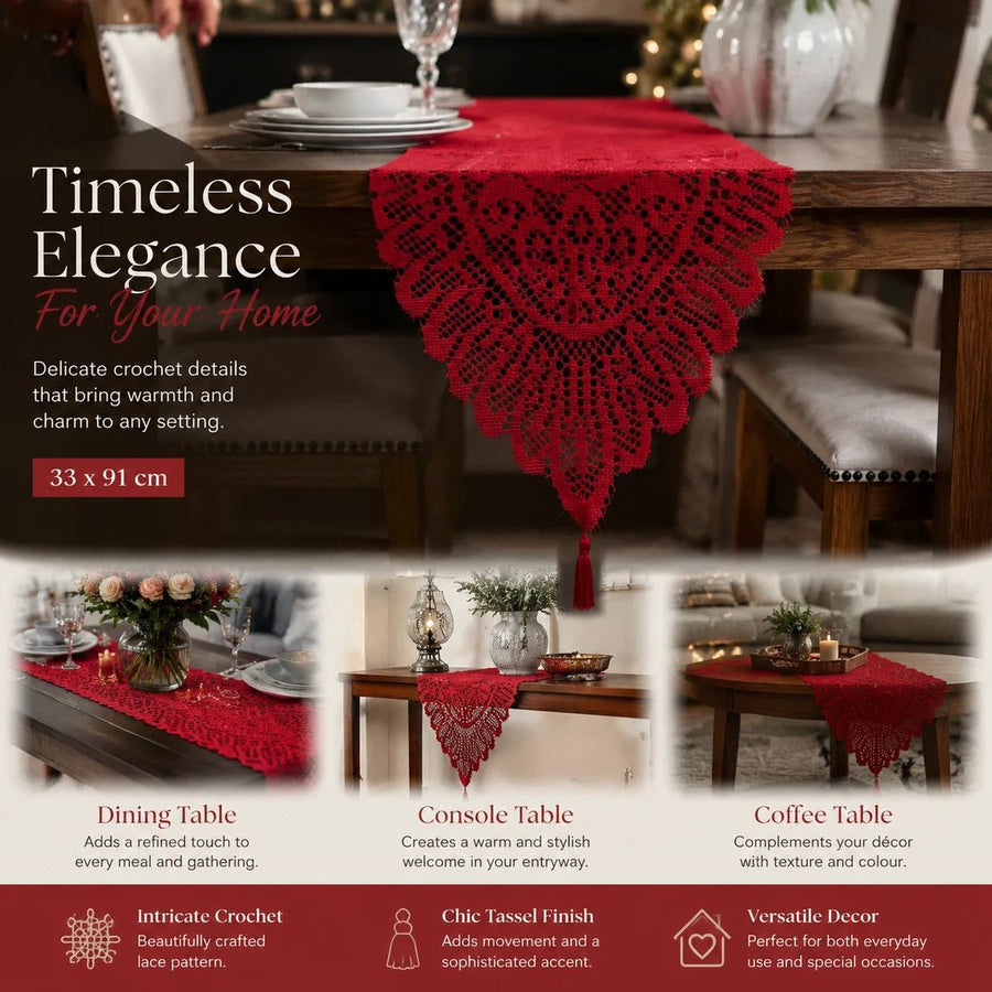 Romantic Fringed Warp Knit Lace Table Runner, Festive Dining Table Decor Cloth, Red, 33*91cm (13*36in)