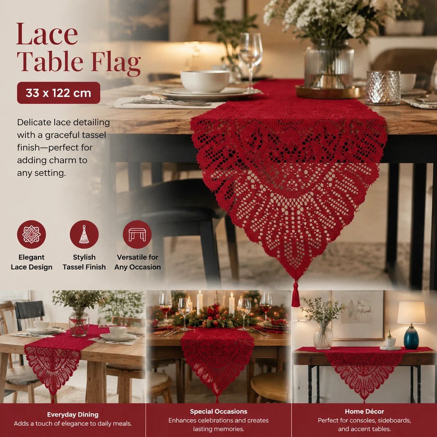 Vintage Knitted Lace Tassel Table Flag, Warm Home Tabletop Ornament, Red, 33*122cm (13*48in)