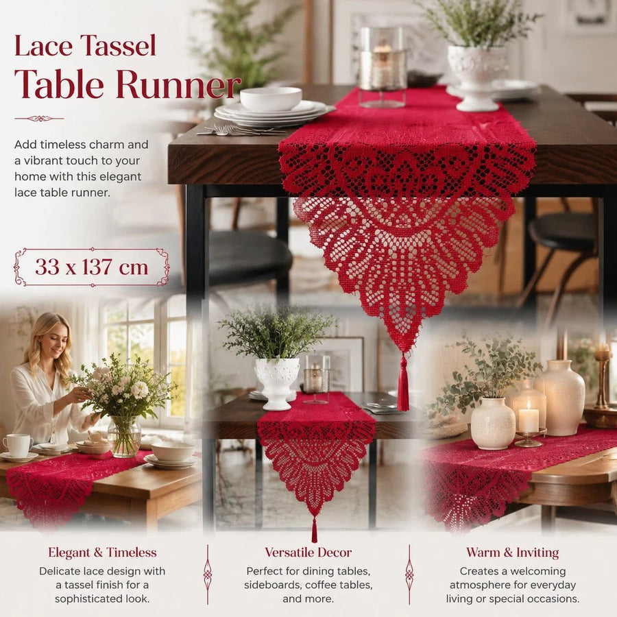 Decorative Lace Fringe Table Runner, Holiday Household Dining Cover Cloth, Red, 33*137cm (13*54in)