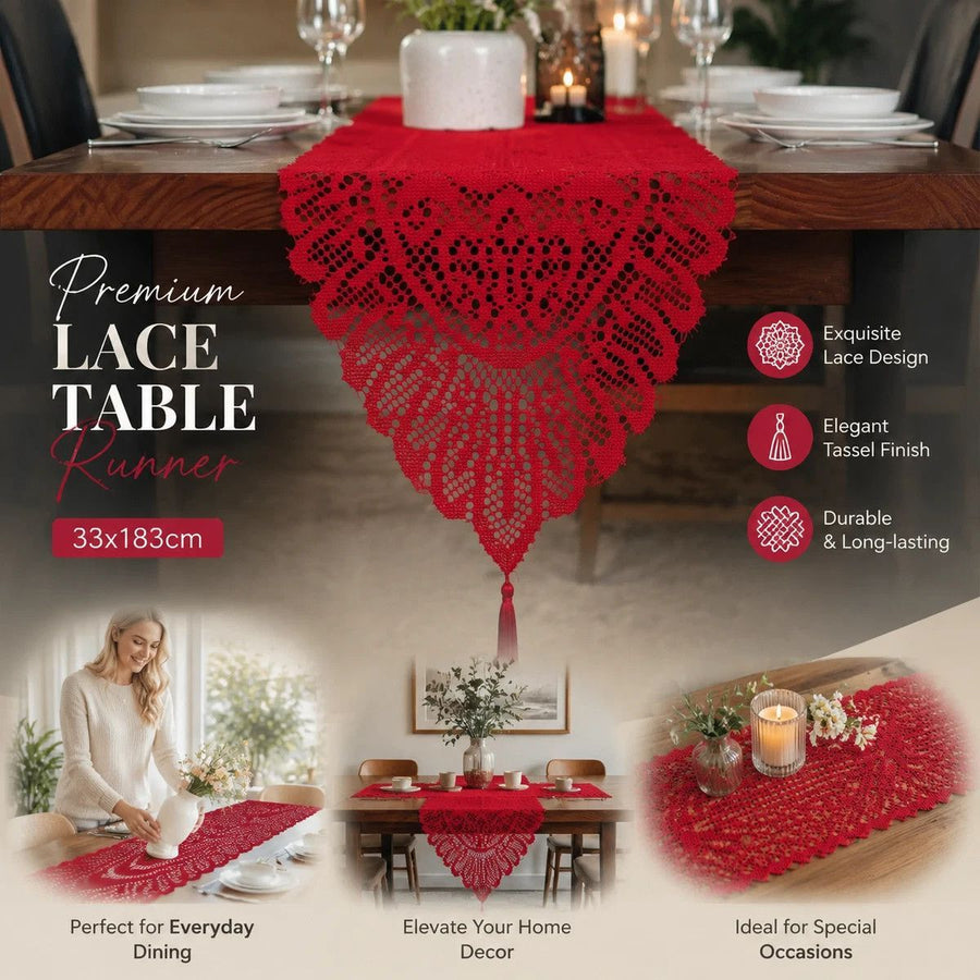 Eye-Catching Long Warp Knit Lace Table Flag With Tassels, Banquet Home Table Decoration, Red, 33*183cm (13*72in)