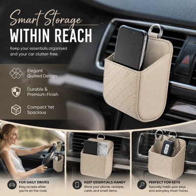 Premium Faux Sheepskin Car Vent Caddy, Portable Car Organiser Pouch For Mobile & Bits, Beige