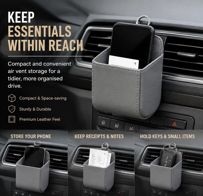 Sleek Sheepskin Car Air Outlet Storage Pouch, Universal Vehicle Sundries & Phone Holder Bag, Grey