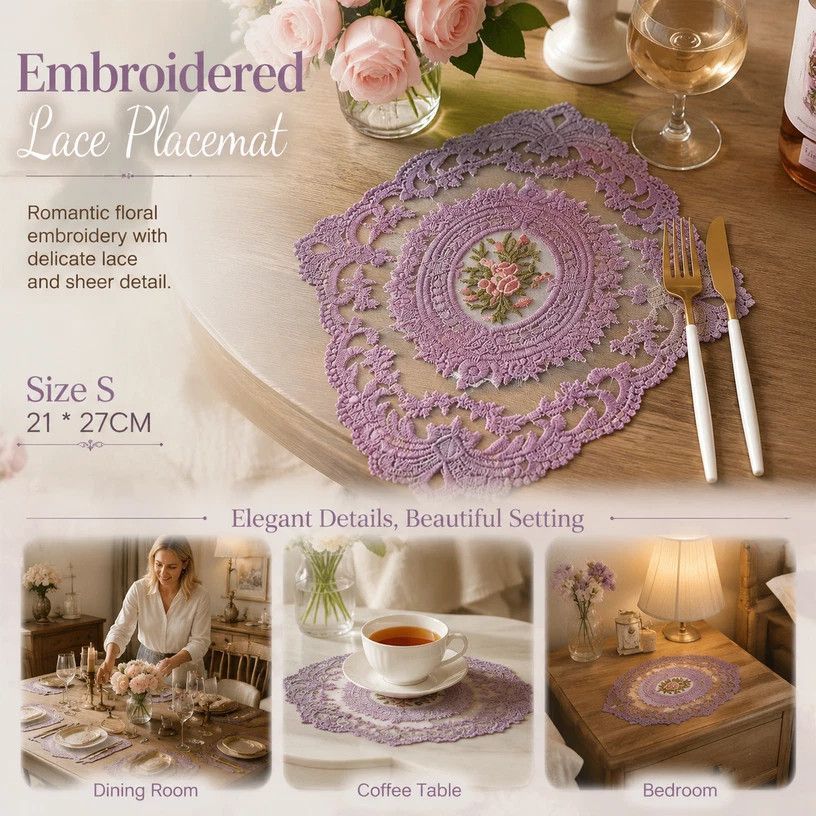Vintage Lace Embroidered Placemat, Purple, Size S 21*27CM