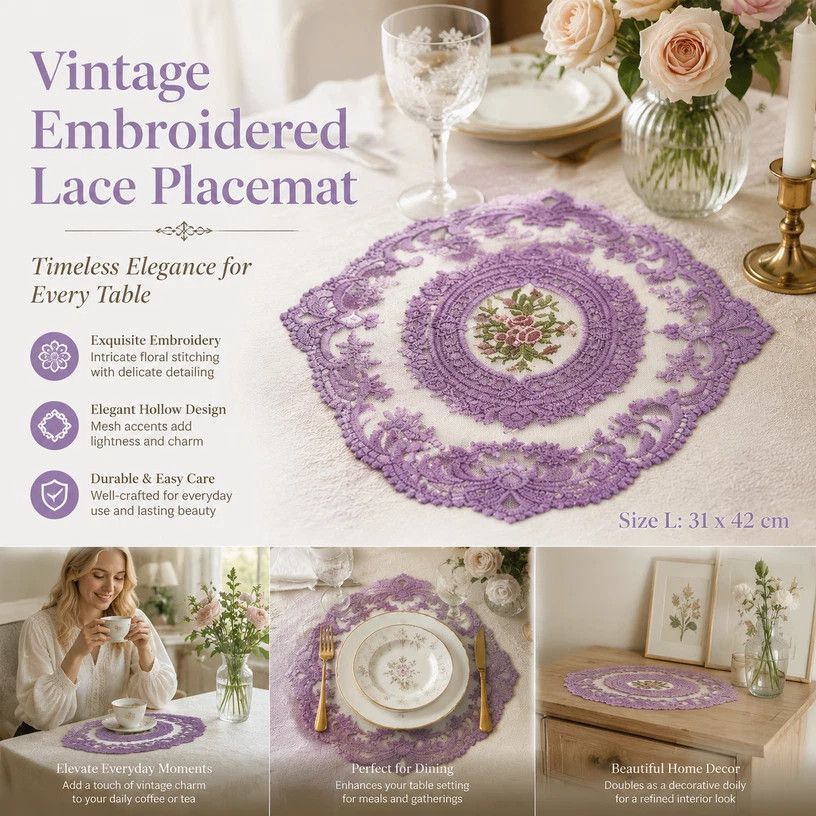 Ornate Border Stitched Table Placemat, Purple, Size L 31*42CM