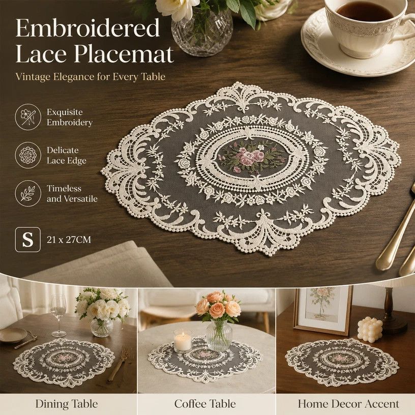 Classic Embroidered Lace Edge Placemat, Apricot Off White, Size S 21*27CM