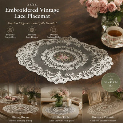 Delicate Ruffled Embroidery Table Mat, Apricot Off White, Size L 31*42CM