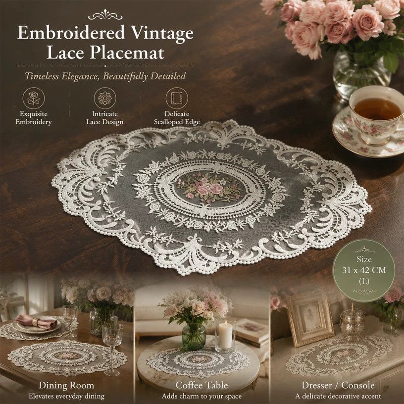 Delicate Ruffled Embroidery Table Mat, Apricot Off White, Size L 31*42CM