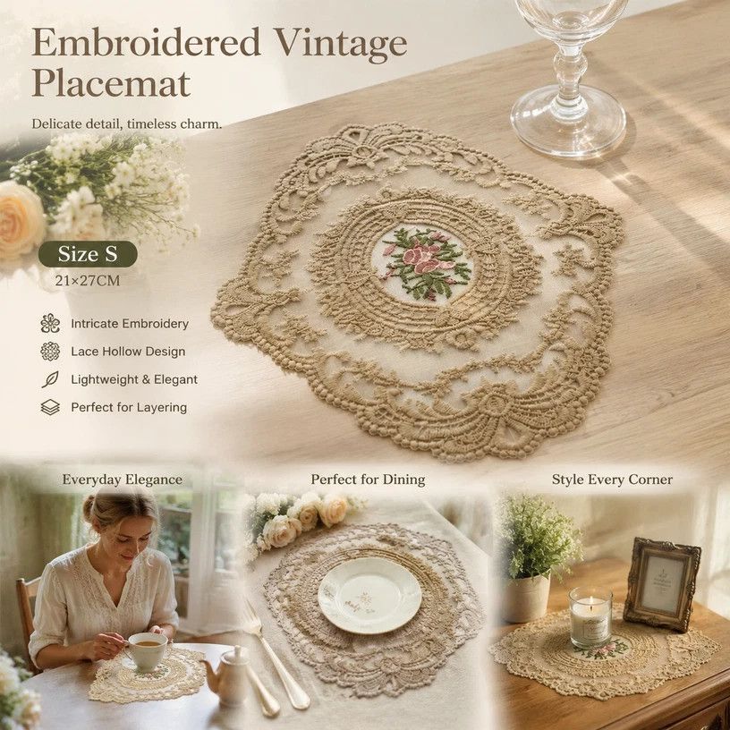 Antique Lace Trim Embroidered Placemat, Camel, Size S 21*27CM