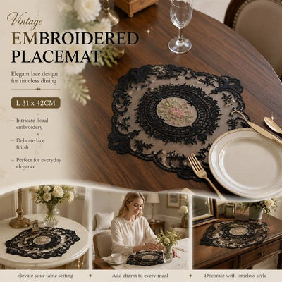 Chic Ornate Lace Border Table Placemat, Black, Size L 31*42CM
