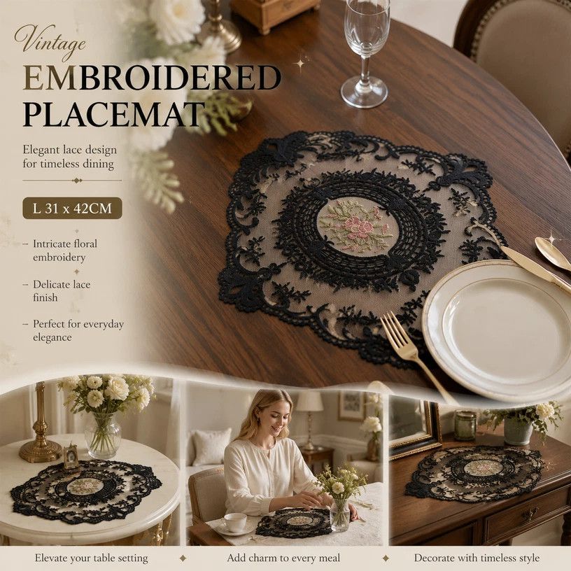 Chic Ornate Lace Border Table Placemat, Black, Size L 31*42CM