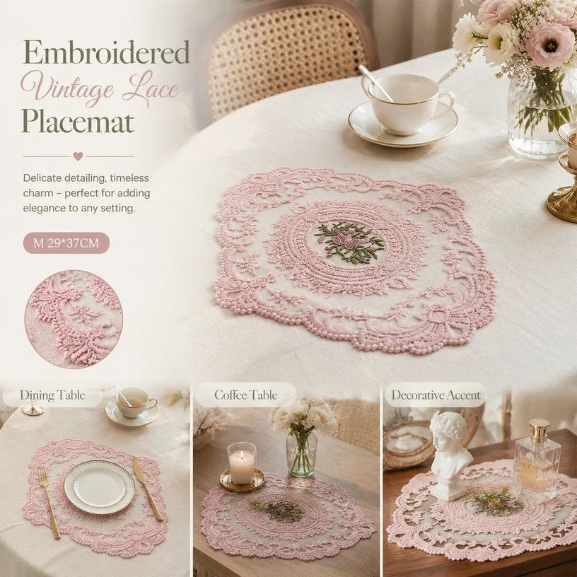 Sweet Vintage Fringe Stitched Dining Mat, Pink, Size M 29*37CM