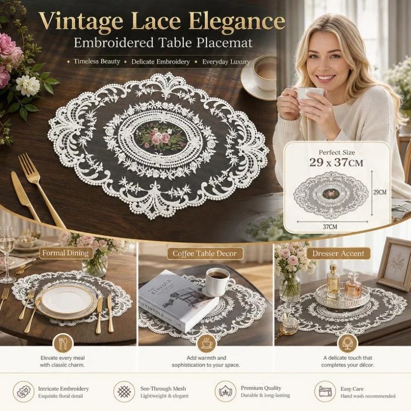 Bright Classic Lace Trim Dining Mat, White, Size M 29*37CM