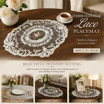 Elegant Antique Stitched Border Table Mat, White, Size L 31*42CM