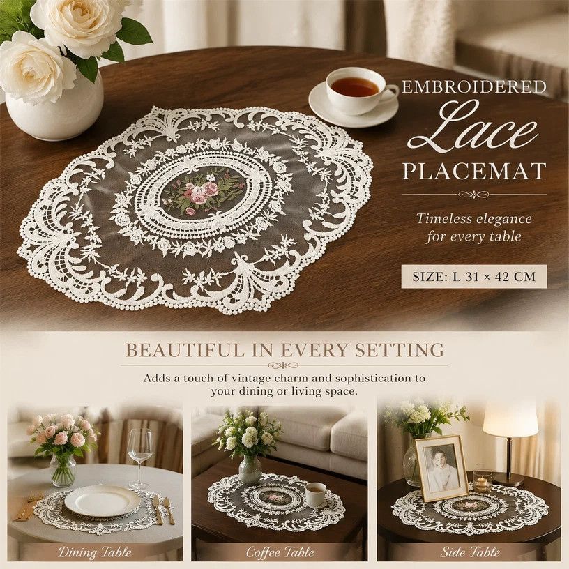 Elegant Antique Stitched Border Table Mat, White, Size L 31*42CM