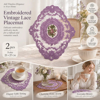 Vintage Lace Embroidered Placemat Set, Purple, Size S 21*27CM, 2 Pcs