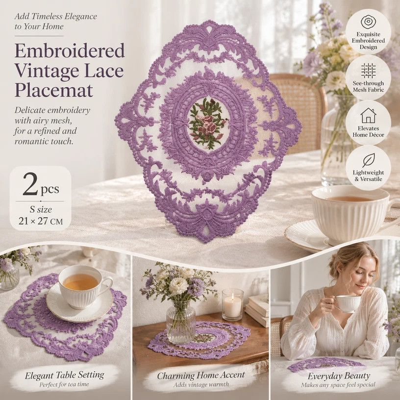 Vintage Lace Embroidered Placemat Set, Purple, Size S 21*27CM, 2 Pcs