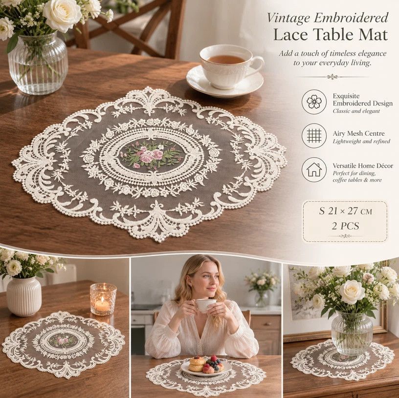 Classic Embroidered Lace Edge Placemat Set, Apricot Off White, Size S 21*27CM, 2 Pcs